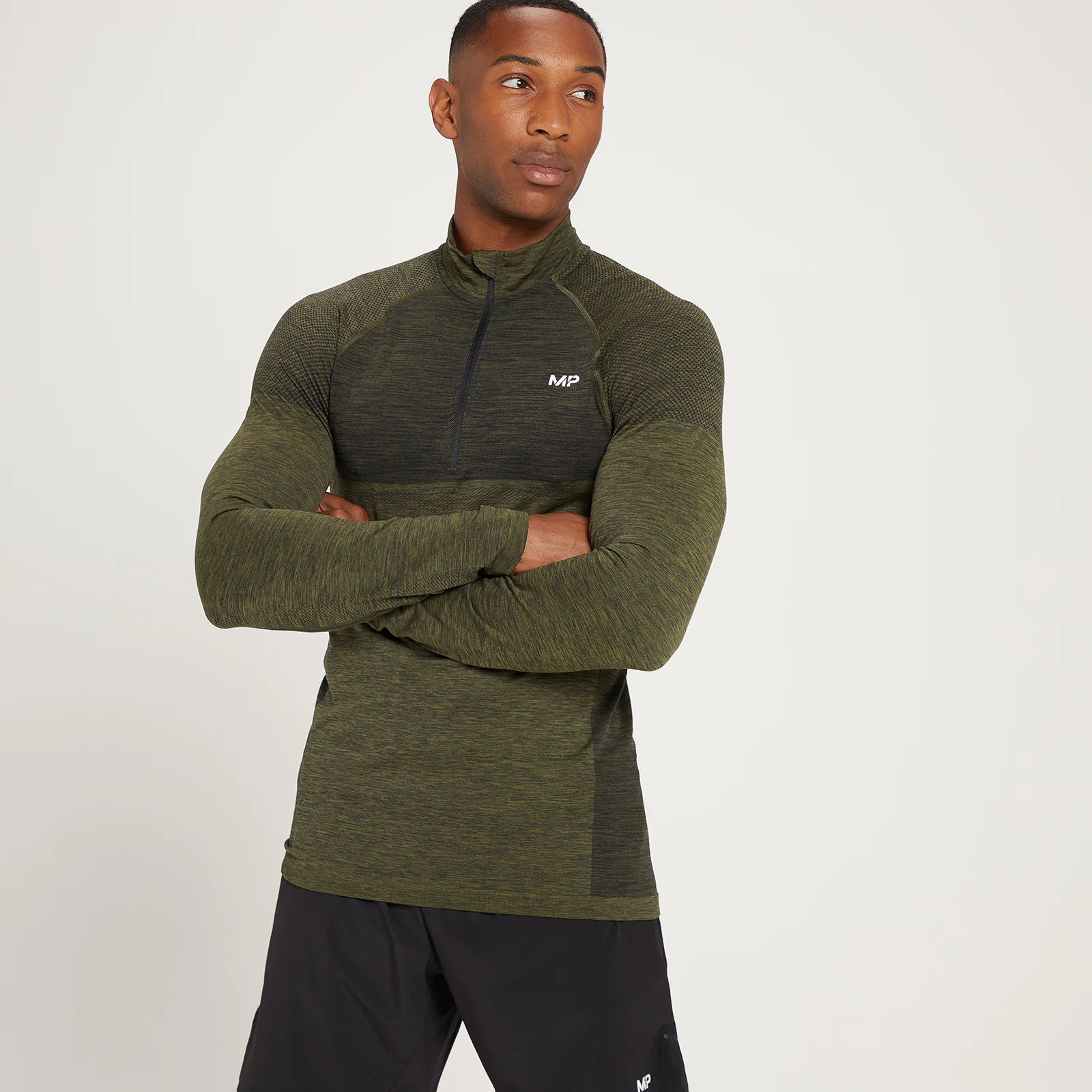 Moški brezšivni zgornji del z zadrgo Essential 1/4 Zip - Dark Olive Marl - XS Slika 1