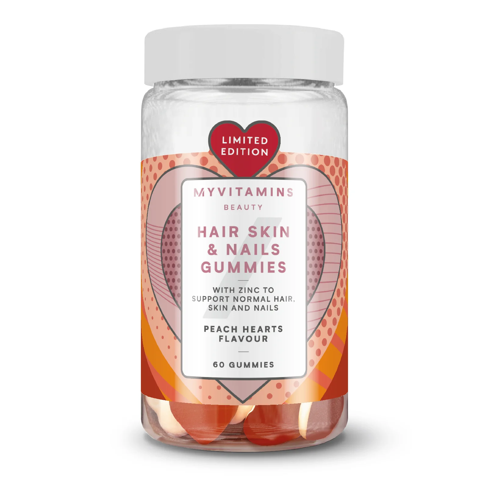 Gumijasti bonboni za lase, kožo in nohte – breskvini srčki - 60gummies - Peach Heart Slika 1