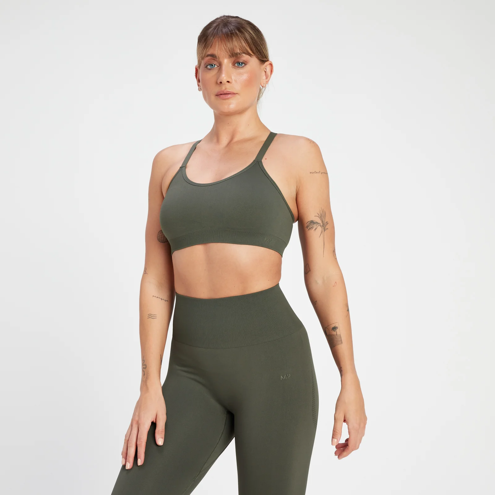 MP Ženski športni brezšivni nedrček s prekrižanimi naramnicami Rest Day – Taupe Green - XS Slika 1