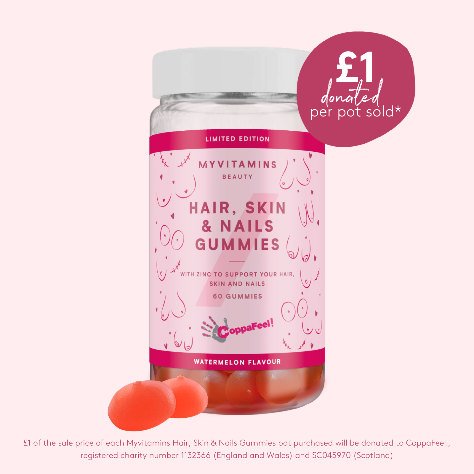 Gumijasti bomboni za lase, kožo in nohte Myvitamins x CoppaFeel - 60gummies - Lubenica Slika 1