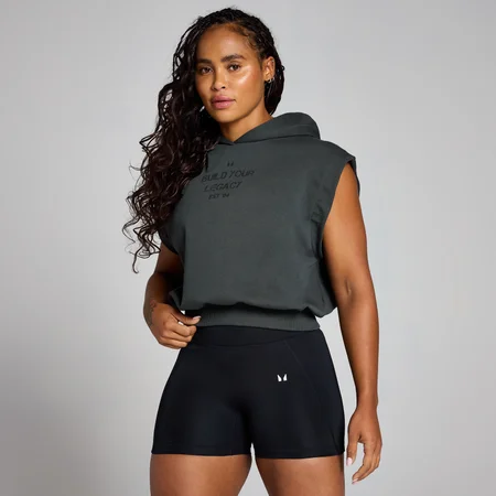 Ženska majica s kapuco brez rokavov Origin Cropped – sprano črna