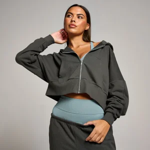 Ženska jopa kratkega kroja s kapuco in zadrgo po celotni dolžini Tempo MP – nočno siva - Size L