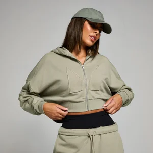 Ženska kratka jopa s kapuco in zadrgo z našitkom MP – temno žajbljeva - Size XL