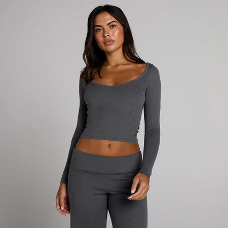 MP ženska rebrasta majica z dolgimi rokavi in V-izrezom - robustna siva