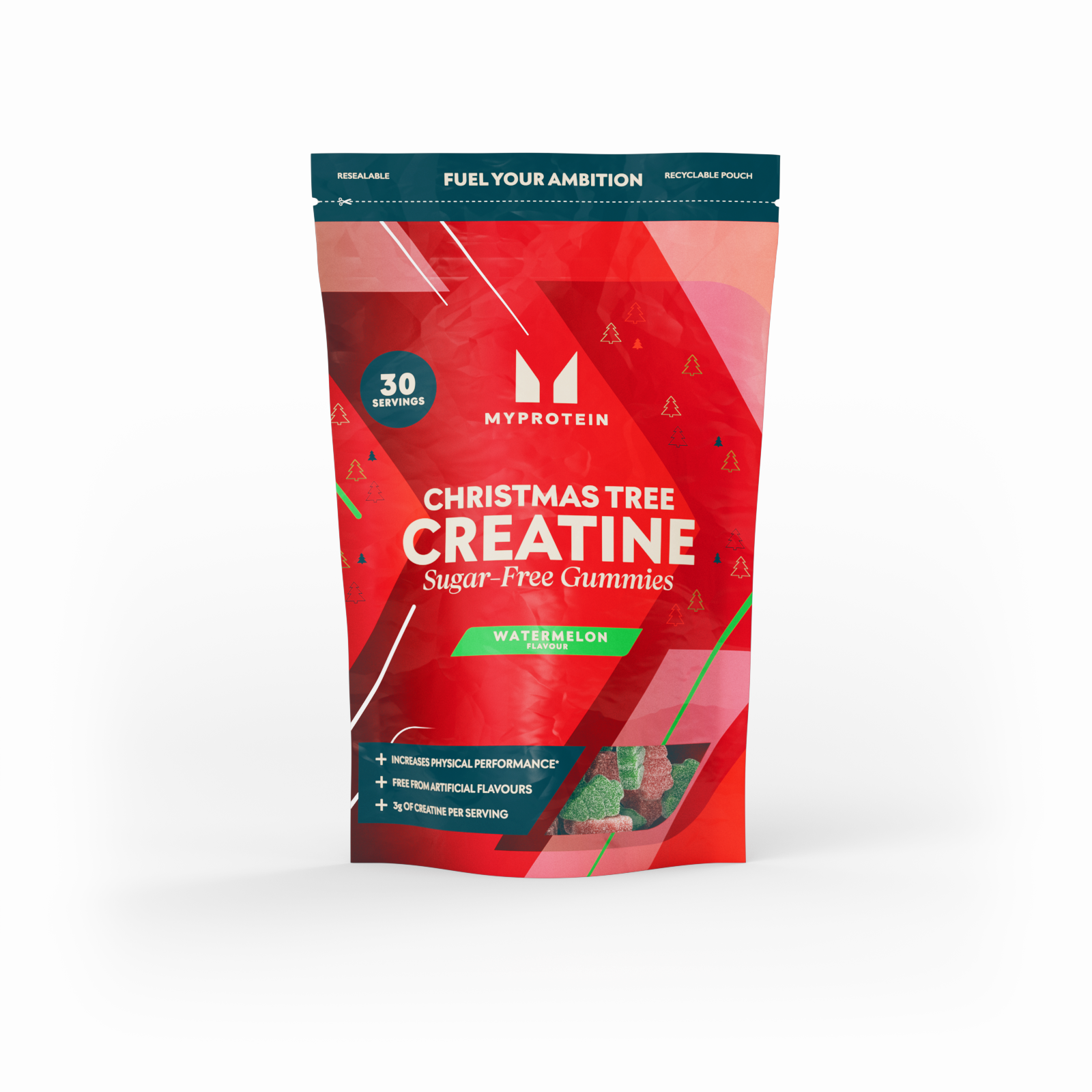 Kreatin Gumijasti Bonboni brez Sladkorja - Lubenica Božična Drevesca - 90GUMMIES- 30Porcij - Lubenica Slika 1